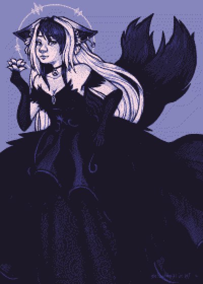 An illustration of Yueri, the celestial fox, holding a lily in her hands. She is smiling at you.